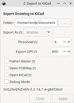 Svg2Shenzhen export dialog